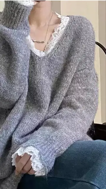 colorer 레이스 V넥 루즈 스웨터 그레이