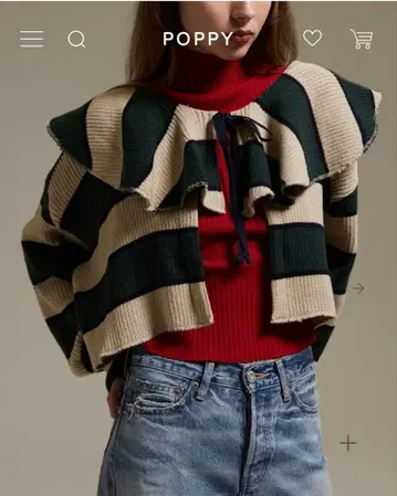 [ 새상품급 ] 포피 가디건 보더 빅 칼라 볼륨 소매 크롭 기장