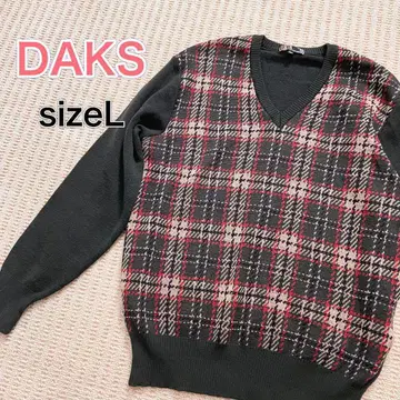 사이즈 L 닥스 체크 얇은 소재 니트 긴팔 V넥 울 블랙