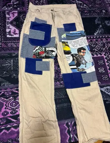 태국제 만화 패치워크 데님 팬츠