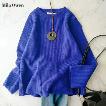 미라 오웬 블루 크루넥 울 스웨터 울 100%