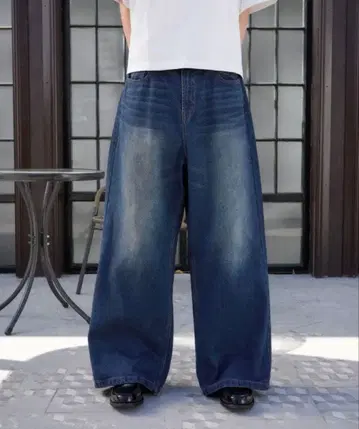 Regen Glanz 와이드 레그 데님 팬츠 다크 블루