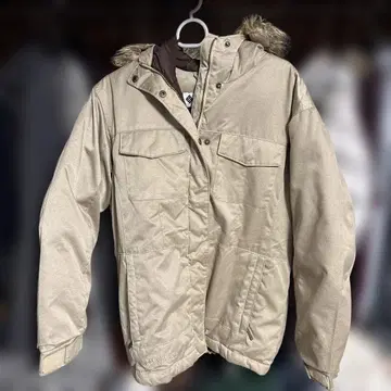 컬럼비아 다운 자켓 2WAY 로고 자수 후드 퍼 BEG L