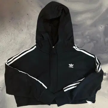 adidas 블랙 크롭 후드티 화이트 스트라이프