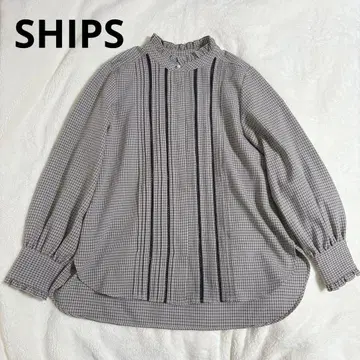 SHIPS 배색 체크 솔리드 사다리 레이스 핀턱 블라우스