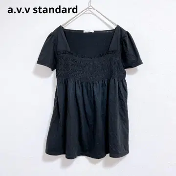 [ 아베베 ] 반팔 상의 튜닉 가슴 프릴 스모킹 블랙