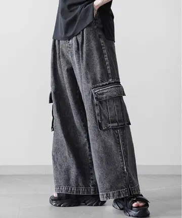 welise 모드 기믹 와이드 카고 팬츠 블랙 케미컬 xs