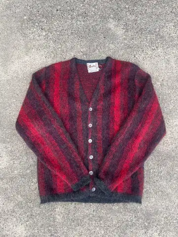 60s 모헤어 가디건 털 길고 빨간색 x 블랙 높은 배색