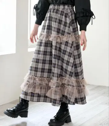 idem 튤 프릴 체크 스커트