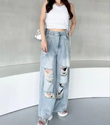 Heather 하이웨스트 데미지 데님 팬츠