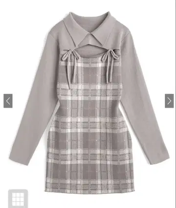 [택 포함 미사용 새상품] 체크 무늬 프론트 오픈 리본 니트 미니 원피스