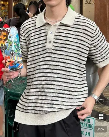 메쉬 보더 니트 반팔