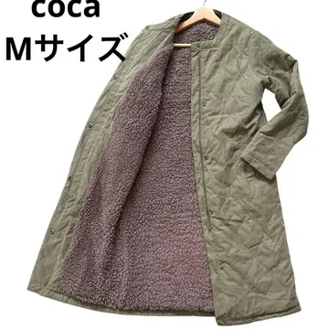 고품질 coca 올리브색 퀼팅 노카라 롱 기장 모즈 코트