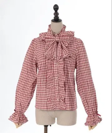 엑시즈팜 리본 프릴 깅엄 체크 셔츠