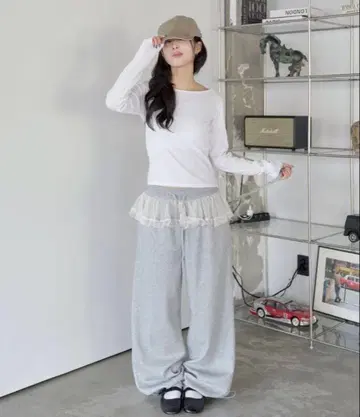 UNE MANSION 레이스 스커트 부착 와이드 스웨트 팬츠 프리 사이즈