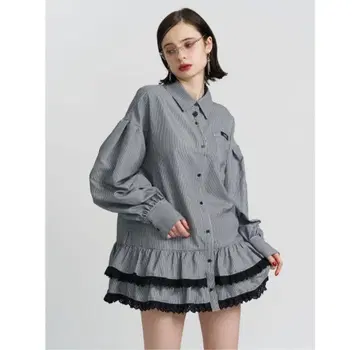 jouetie 밑단 레이스 프릴 튜닉 셔츠 원피스 긴팔