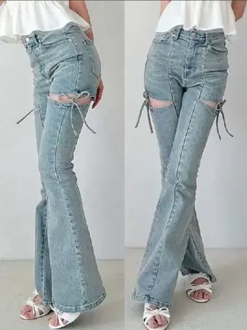 당일 발송! RESEXXY 컷 아웃 리본 데님 팬츠 아이스 블루