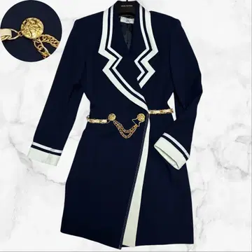 쇼와 레트로 버블리 수트 원피스 마린 골드 체인 벨트 네이비