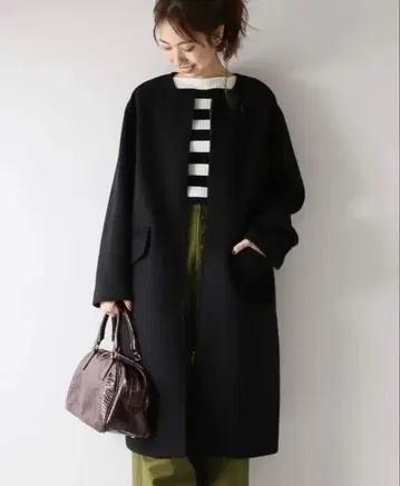 Spick&Span 비버 프론트 ZIP 코트 울 노카라 코트 블랙 36