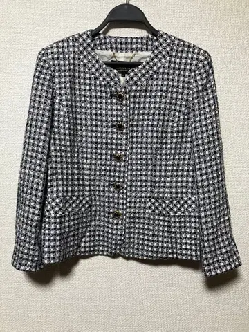 Leilian 레리안 하운드투스 체크 패턴 노카라 자켓 골드 버튼