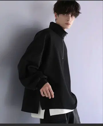 LILL 빅 실루엣 드레이프 긴팔 하프 지퍼 티셔츠 L 블랙