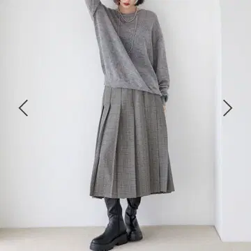 LOWRYS FARM 라나테크 플리츠 미디 스커트 그레이 체크 L 사이즈