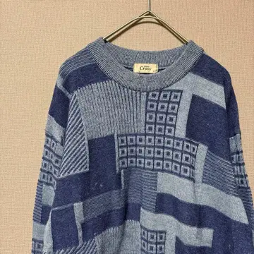 Cross 인디고 패치워크풍 자카드 니트(L) 크루넥 스웨터