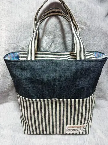 네이비 컬러 스트라이프 데님 토트백