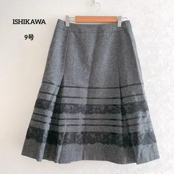 ISHIKAWA 그레이 블랙 레이스 무릎 기장 스커트 9호 고급 포멀