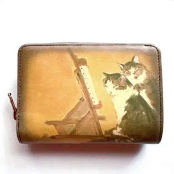 맨해트너즈 고양이 접이식 지갑 라운드 지퍼 브라운