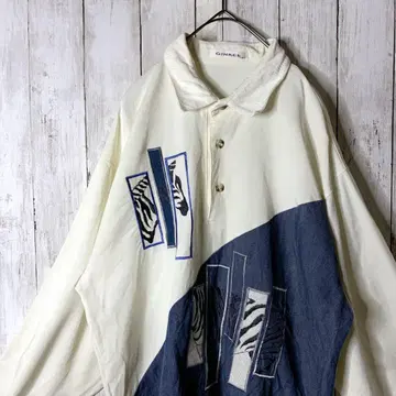 레어 셔츠 블루종 하프 버튼 자수 와이드 소매 화이트 M-L 일본제