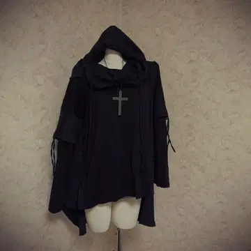 헤이세이 갸루 Y2K 후드 부착 블랙 후드티 크로스 장식 펑크