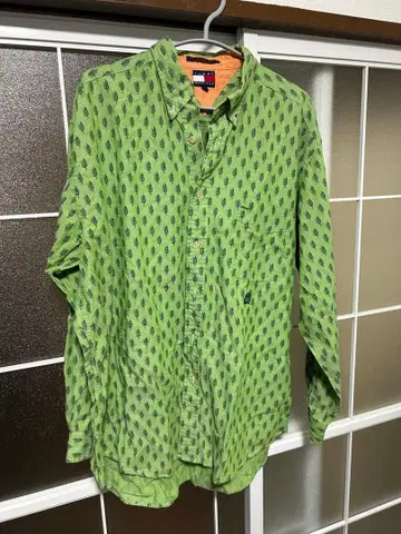 90s TOMMY HILFIGER 리프 그린 셔츠 L 레트로 구제 의류