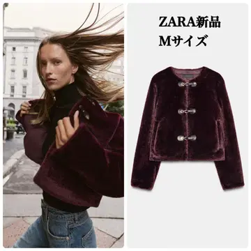 ZARA 토글 버튼 인조 모피 자켓 M 사이즈 새상품 다크 크림슨
