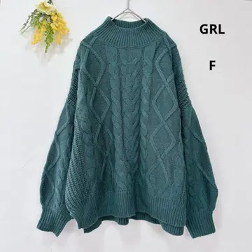 GRL 긴팔 케이블 니트 볼륨 소매 그린 하이넥 루즈핏 가을/겨울