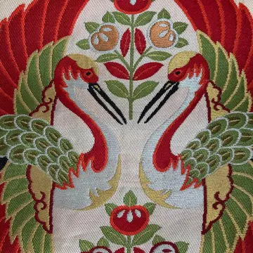 앤티크 후쿠로 오비 새와 꽃 무늬 직조 순수 실크 다이쇼 로망 N8-25