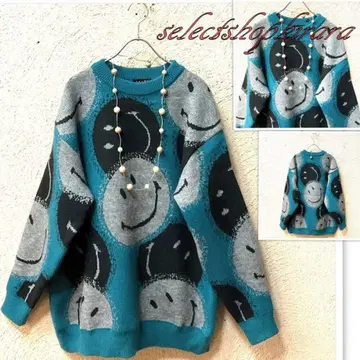 2025 신상 루즈한 사이즈 스마일 올 패턴 촉촉 니트 풀오버 L-LL