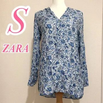 ZARA 자라 꽃무늬 블라우스 S 블루 화이트 깔끔한 레이온 실크