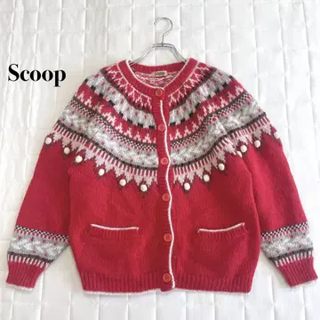 Scoop 빨간색 페어아일 패턴 가디건 울 90%