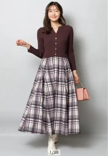 [ 새상품급 ] 저스길리티 체크 스커트 도킹 원피스 브라운