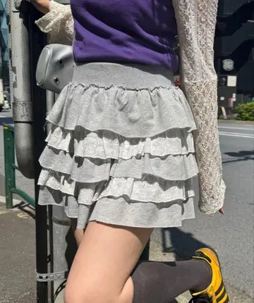 CIAOPANIC 맨투맨 레이스 티어드 미니 스커트 프리 사이즈 그레이