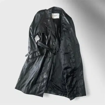 새상품급 빈티지 맥시 길이 카우 가죽 트렌치코트 소가죽 블랙 구제 의류