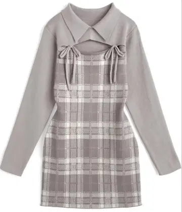 체크 무늬 프론트 오픈 리본 니트 미니 원피스