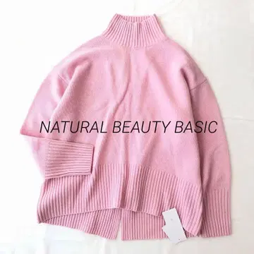 내추럴 뷰티 베이직 하이넥 리브 니트 핑크 울