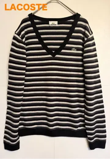 라코스테 보더 무늬 긴팔 V넥 니트 사이즈 44 블랙 루즈핏