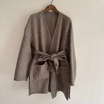 리버서블 체크 무늬 롱 코트 허리 리본 포함