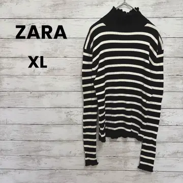 [ ZARA ] 자라 니트 하이넥 ( XL ) 보더 스웨터 목소매 프릴