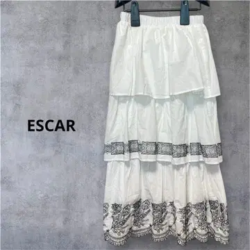 ESCAR 에스카 F 티어드 플레어 롱 스커트 자수 허리밴딩