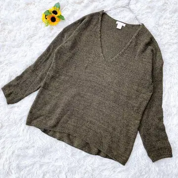 에이치앤엠 V넥 긴팔 니트 빅 루즈 올리브 그린 x 블랙 M