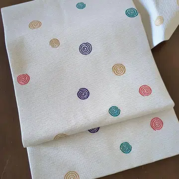 나고야 오비 화이트 베이스 컬러풀 소용돌이 무늬 순수 실크